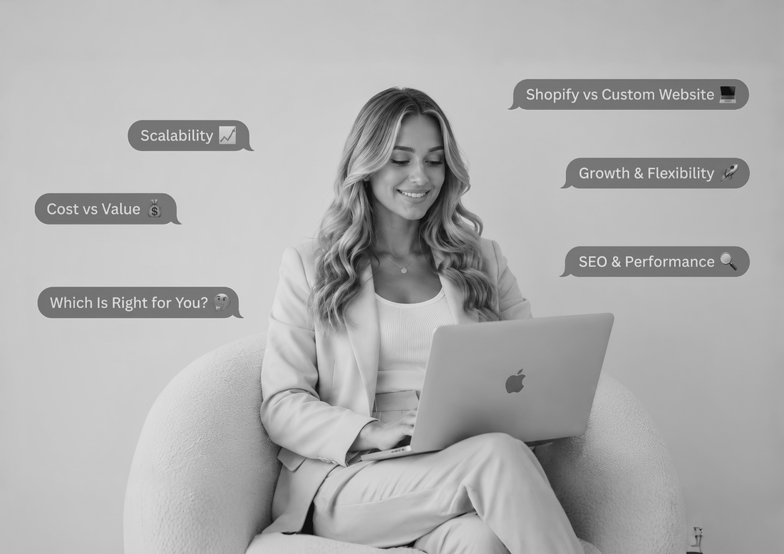 Shopify vs custom website comparison featuring a minimalist workspace with a woman using a laptop, illustrating scalability, SEO performance, and ecommerce growth in 2026.