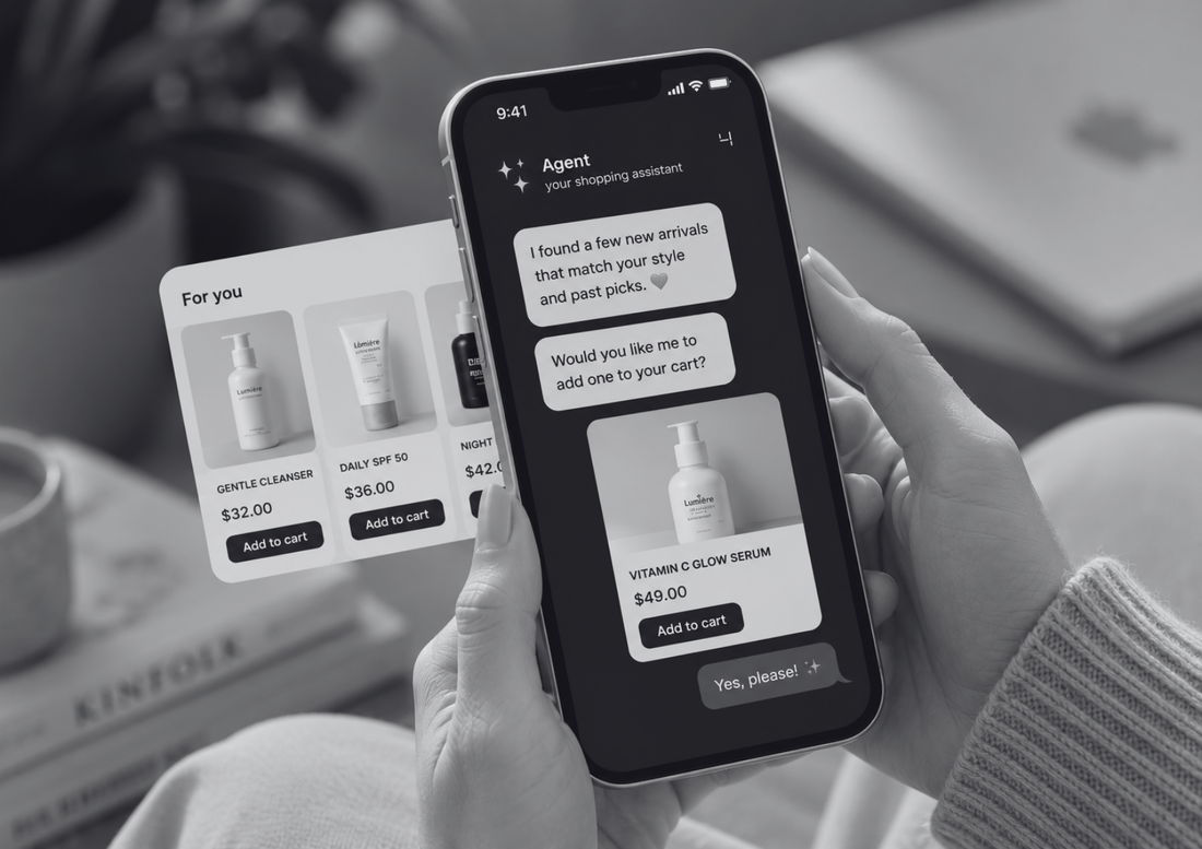 AI shopping assistant on a smartphone recommending skincare products with personalised product suggestions, illustrating the future of agentic commerce and intelligent online shopping.